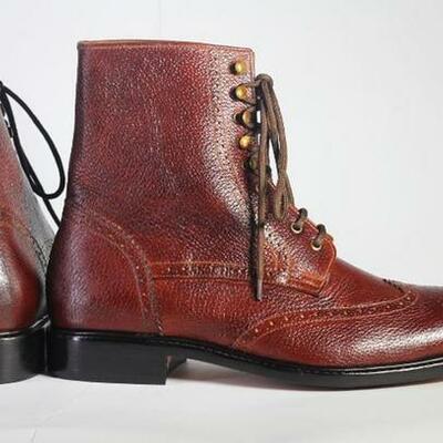 Handmade men's brown colour pure calf leather wing tip brogue ankle high dress lace up boots - Thumbnail 2