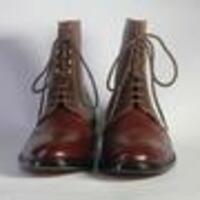 Handmade Men's Brown Colour Pure Calf Leather Wing Tip Brogue Ankle High Dress Lace Up Boots - Thumbnail 1