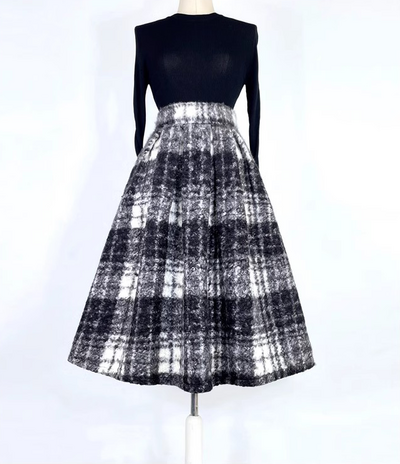Winter Black Plaid Skirt Pleated Holiday Skirt Outfit High Waist A-line Midi Pleated Skirt Warm Midi Party Skirt Custom Plus Size
