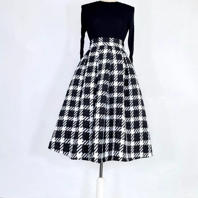 Women black plaid pleated skirt holiday midi skirt outfit high waist a-line full pleated skirt warm midi party skirt custom plus size