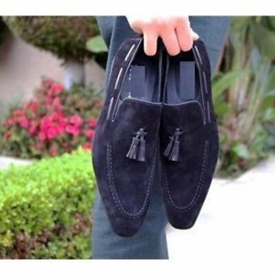 Apron toe blue tone genuine suede leather handcrafted tassel loafers men shoes - Thumbnail 3