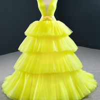 V-neck Sleeveless Yellow Sundress Mesh Long Gowns Evening Stage Dresses - Thumbnail 1