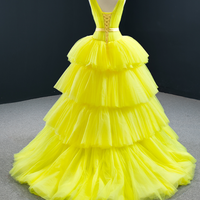 V-neck Sleeveless Yellow Sundress Mesh Long Gowns Evening Stage Dresses - Thumbnail 3