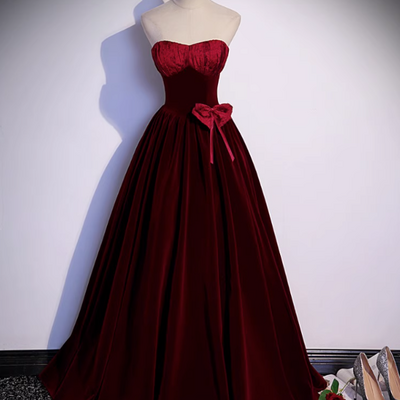 Prom dresses, strapless couture burgundy velvet party dresses