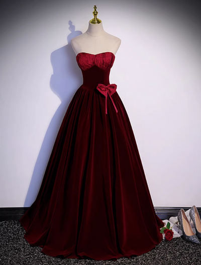 Prom Dresses, Strapless Couture Burgundy Velvet Party Dresses