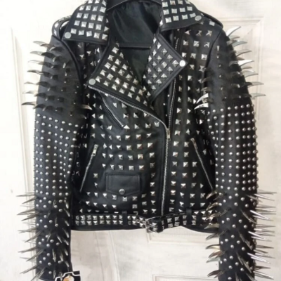 Crafted leather new handmade women's punk full long spiked studded brando black adorable leather jacket - Thumbnail 4