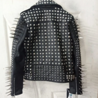 Crafted Leather New Handmade Women's Punk Full Long Spiked Studded Brando Black Adorable Leather Jacket - Thumbnail 1