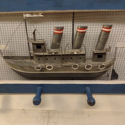 Handmade wood / metal ship w/ coat hangers pegs boat picture plaque
