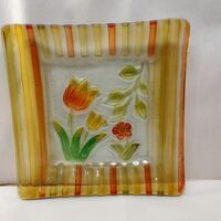 Fused Art Glass Hand painted Tulips Floral Plate by Ganz - Thumbnail 1