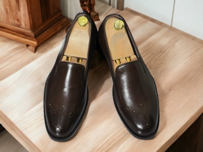 Men's Handmade Chocolate Brown Brogue Toe Loafers Shoes, Slip On Formal Shoes