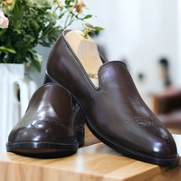 Handmade Men's Brogue Toe Chocolate Brown Loafers Shoes, Slip On Moccasin Shoes - Thumbnail 1