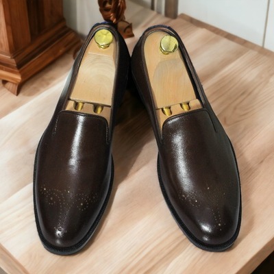 Handmade men's chocolate brown brogue toe loafers shoes, slip on moccasin shoes