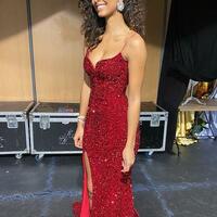Sparkly Red Sequins Long Prom Dresses with Slit - Thumbnail 1