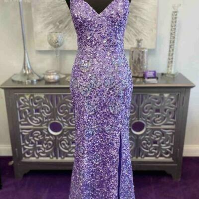 Glitter straps lavender sequins prom dresses with slit