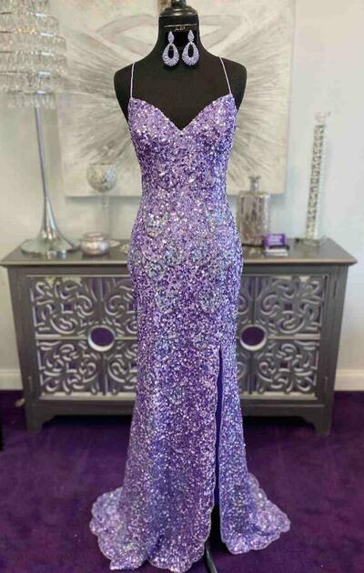 Glitter Straps Lavender Sequins Prom Dresses with Slit