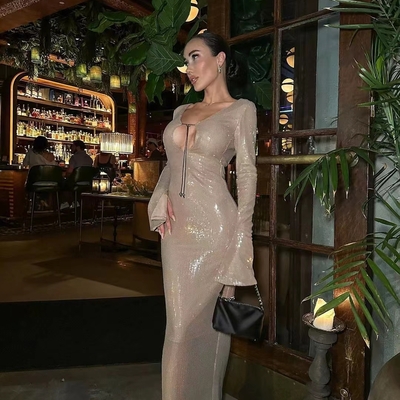 Sexy long sleeves sparkly sequin backless evening party dresses