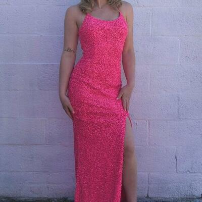 Mermaid hot pink sequins long evening dresses with slit