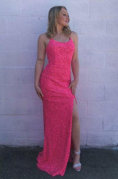 Mermaid Hot Pink Sequins Long Evening Dresses with Slit