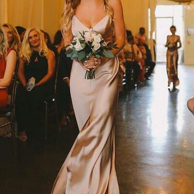 Charming v neck light champagne satin long prom dresses with front slit - Thumbnail 5