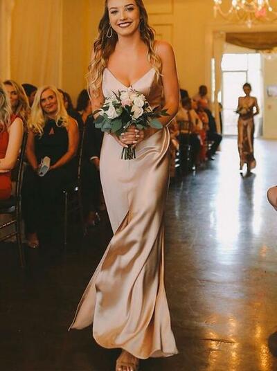 Charming V Neck Light Champagne Satin Long Prom Dresses with Front Slit
