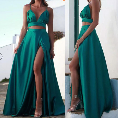 Two piece prom dresses slit side spaghetti straps - Thumbnail 1