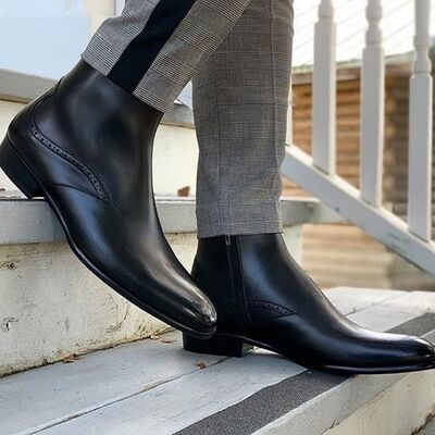 Handmade men high ankle leather black boots for all season - Thumbnail 2