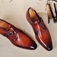 New Handmade Mens Brown Monk-strap Luxury Leather Shoe - Thumbnail 1