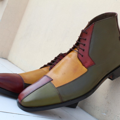Crafted leather handmade men italian calf-skin leather green tri-tone chukka boots - Thumbnail 5