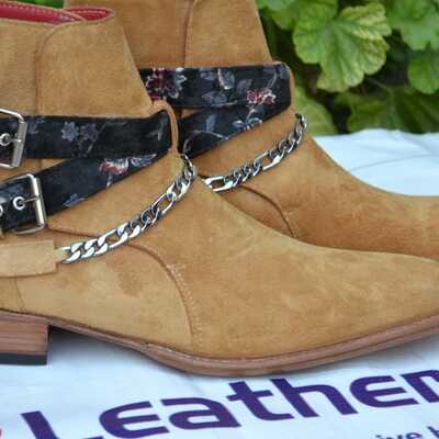 Crafted leather handmade tan suede leather chain buckle strap jodhpur dress boot - Thumbnail 4