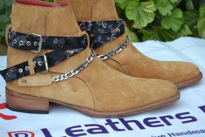Crafted Leather Handmade Tan Suede Leather Chain Buckle Strap Jodhpur Dress Boot