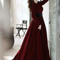 Elegant Wine Red Velvet Long Sleeves Formal Prom Dress - Thumbnail 1