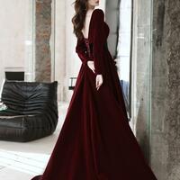 Elegant Wine Red Velvet Long Sleeves Formal Prom Dress - Thumbnail 2