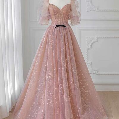 Floor length pink tulle puffy sleeves long party dresses - Thumbnail 1