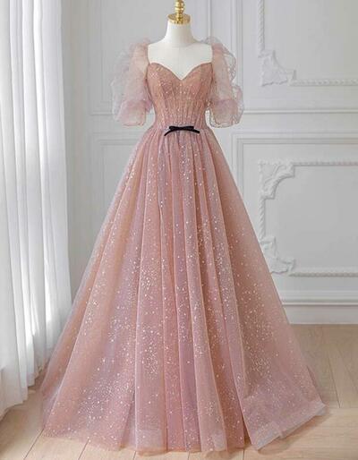 Floor Length Pink Tulle Puffy Sleeves Long Party Dresses