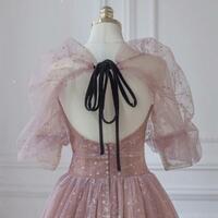 Floor Length Pink Tulle Puffy Sleeves Long Party Dresses - Thumbnail 1