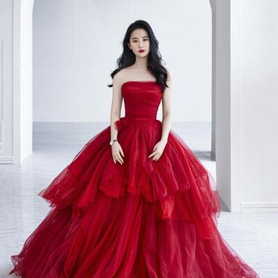 A line red tulle long prom dress evening dress - Thumbnail 3