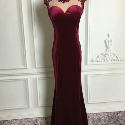 Elegant mermaid burgundy velvet evening dresses with beaded  - Thumbnail 3