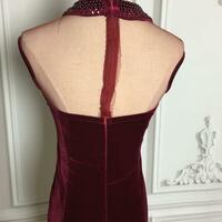 Elegant Mermaid Burgundy Velvet Evening Dresses With Beaded  - Thumbnail 1
