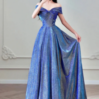 Simple A Line Shiny Satin Blue Long Prom Dress, Blue Long Formal Dress KPP1610 - Thumbnail 1