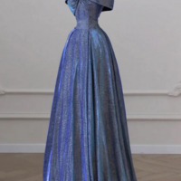Simple A Line Shiny Satin Blue Long Prom Dress, Blue Long Formal Dress KPP1610 - Thumbnail 2