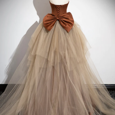 Simple mermaid brown champagne satin tulle long prom dress, brown long evening dress kpp1611