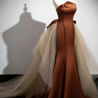 Simple Mermaid Brown Champagne Satin Tulle Long Prom Dress, Brown Long Evening Dress KPP1611 - Thumbnail 2