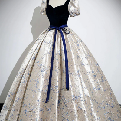 Blue velvet floor length printing prom dresses, a line short sleeve evening formal dresses kpp1612