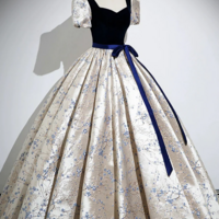 Blue Velvet Floor Length Printing Prom Dresses, A Line Short Sleeve Evening Formal Dresses KPP1612 - Thumbnail 2