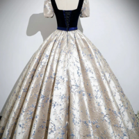 Blue Velvet Floor Length Printing Prom Dresses, A Line Short Sleeve Evening Formal Dresses KPP1612 - Thumbnail 3