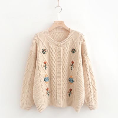 Retro forest style handmade three-dimensional embroidered cardigan sweater - Thumbnail 1