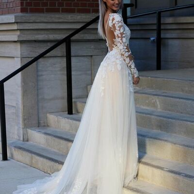 Elegant a line v neck long sleeves lace wedding dresses，1651 - Thumbnail 2