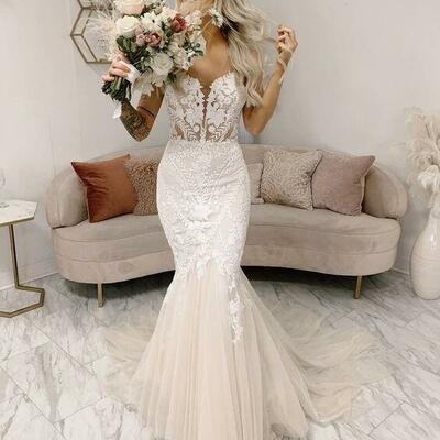 Fitted mermaid sweetheart lace tulle wedding dresses，1652 - Thumbnail 1