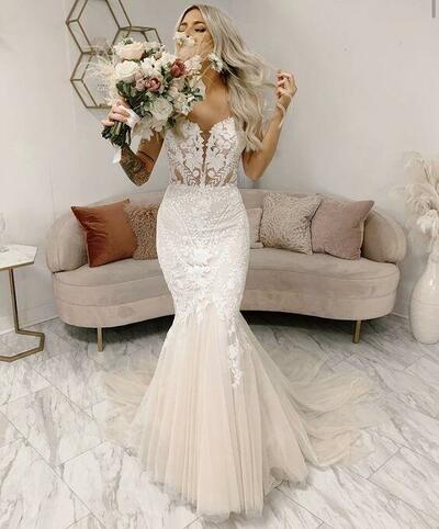 Fitted Mermaid Sweetheart Lace Tulle Wedding Dresses，1652