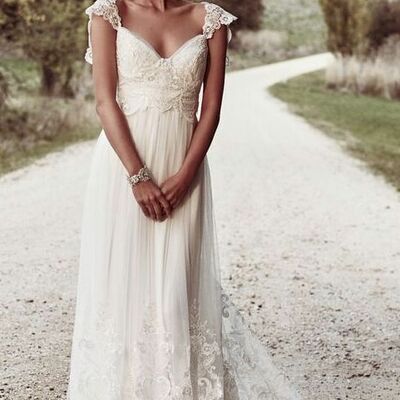 Boho bohemian a line chiffon wedding dresses cap sleeve lace accents big bow bridal gowns，1653 - Thumbnail 1